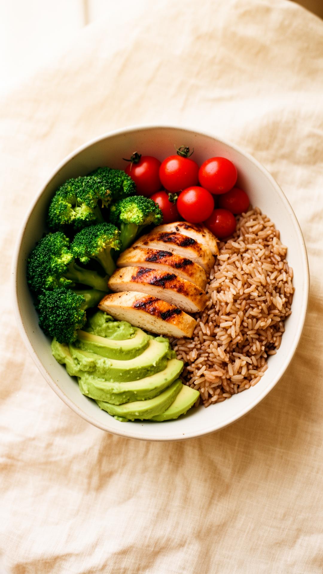 High-protein maaltijdbowl met kip, broccoli, rijst en avocado